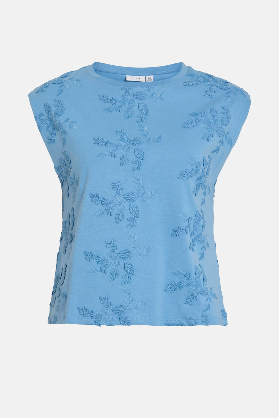 Top bleu sans manches de VILA®, avec broderie florale ton sur ton.