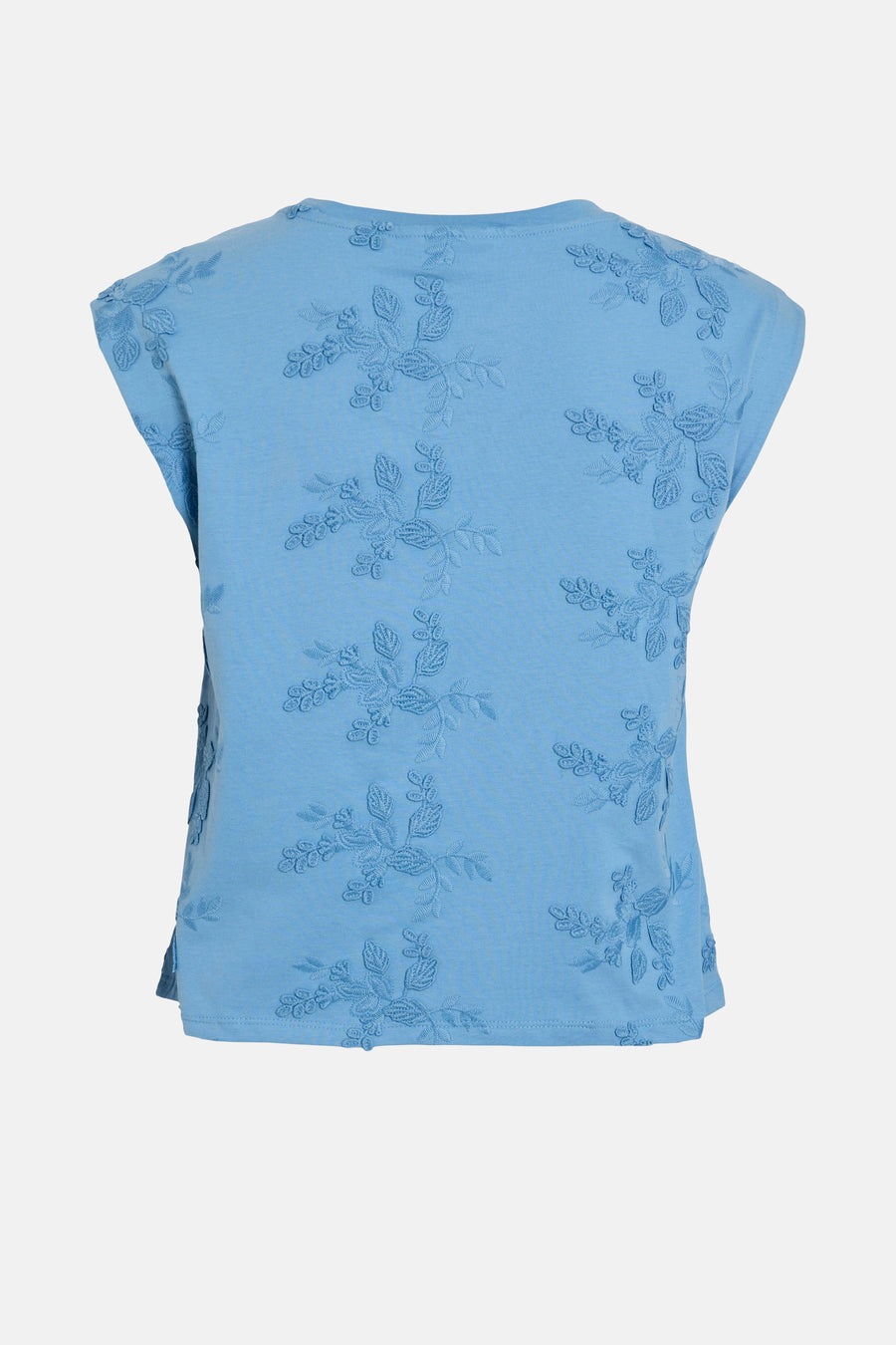 Top bleu sans manches de VILA® avec motif floral ton sur ton en broderie, vue arrière.

