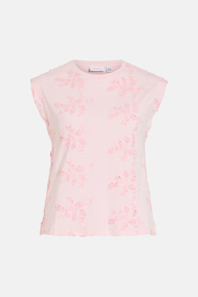 Roze mouwloze top van VILA, versierd met toon-op-toon bloemenborduursels.