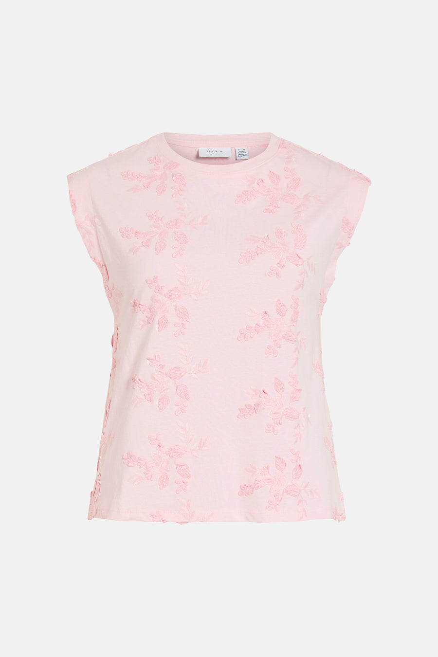 Roze mouwloze top van VILA, versierd met toon-op-toon bloemenborduursels.