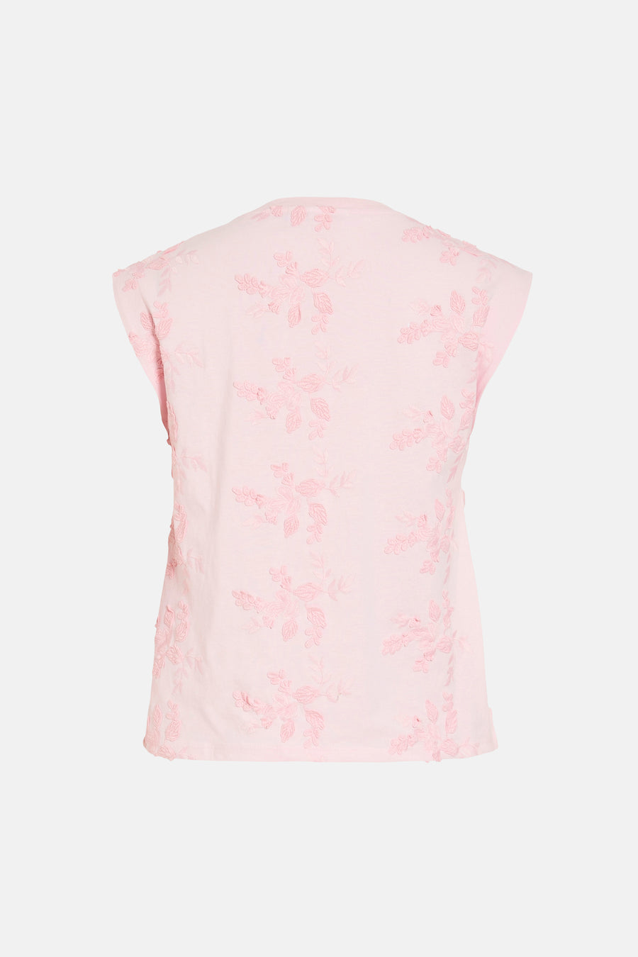 Roze mouwloze top van VILA® met toon-op-toon bloemenborduursels over het geheel.
