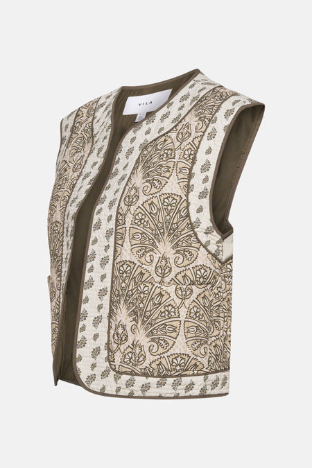 Gevatte meerkleurige bodywarmer van VILA, met bloemenprint en bruine bies.