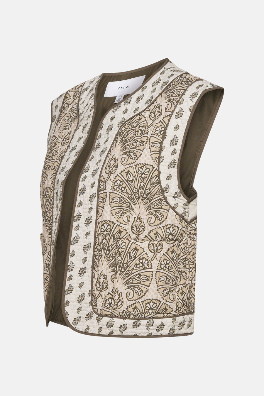 Gilet matelassé multicolore de VILA, avec motif floral et bordure marron.