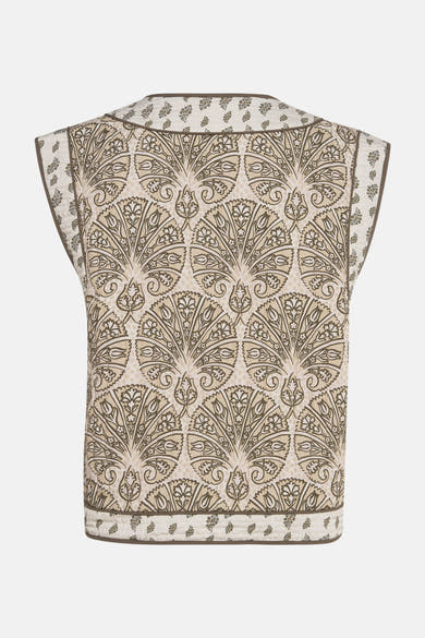 Gilet multicolore de VILA, avec un motif floral vintage beige et marron.