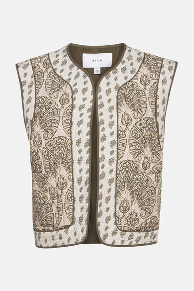 Gilet multicolore de VILA, avec un motif cachemire beige et marron, et une bordure marron.