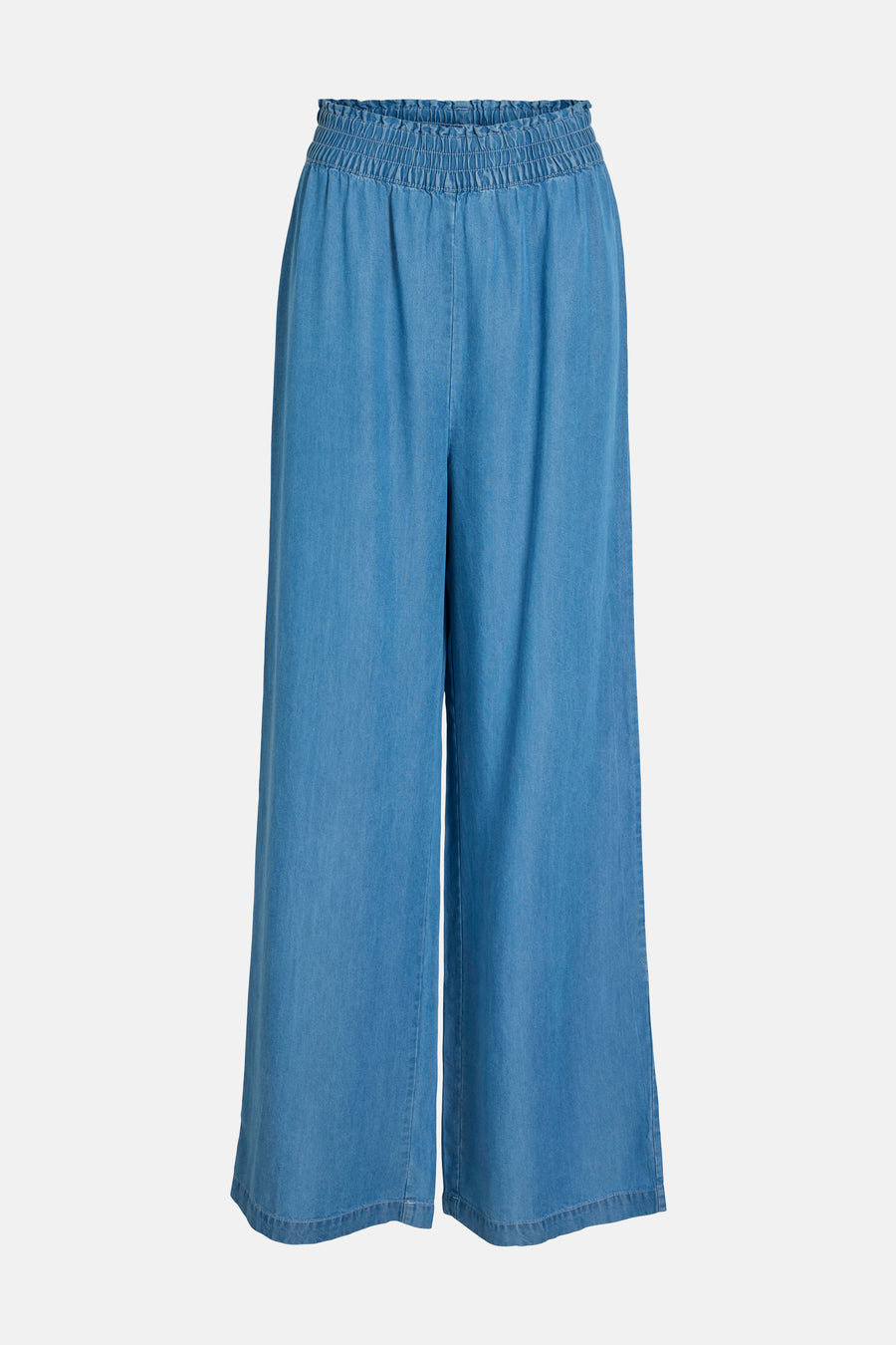 Pantalon coloré en denim bleu moyen de VILA, à taille élastique froncée et jambes larges.
