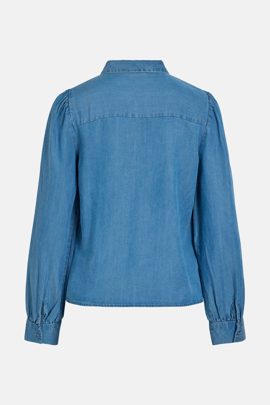 Chemise en denim bleu clair de VILA®, manches longues bouffantes et détails de couture.