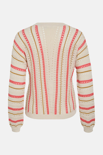 Pull col rond multicolore de VILA® avec rayures horizontales et verticales roses et beiges.