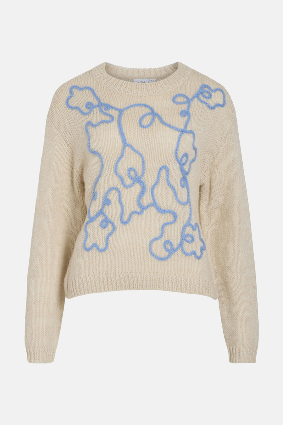 Beige ronde hals trui van VILA met geborduurde blauwe bloemenprint op de voorkant.
