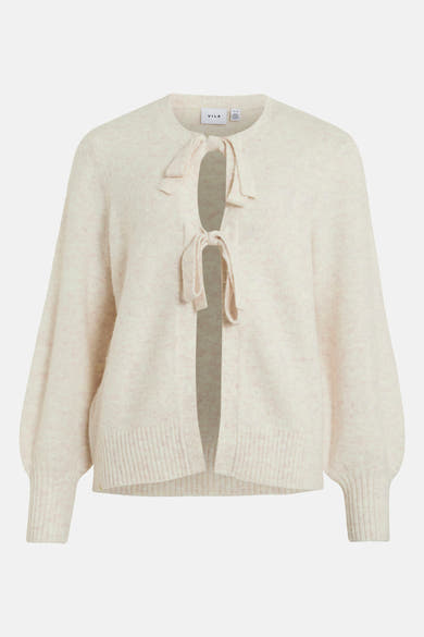 Beige gebreid vest van VILA, versierd met decoratieve strikken en pofmouwen.