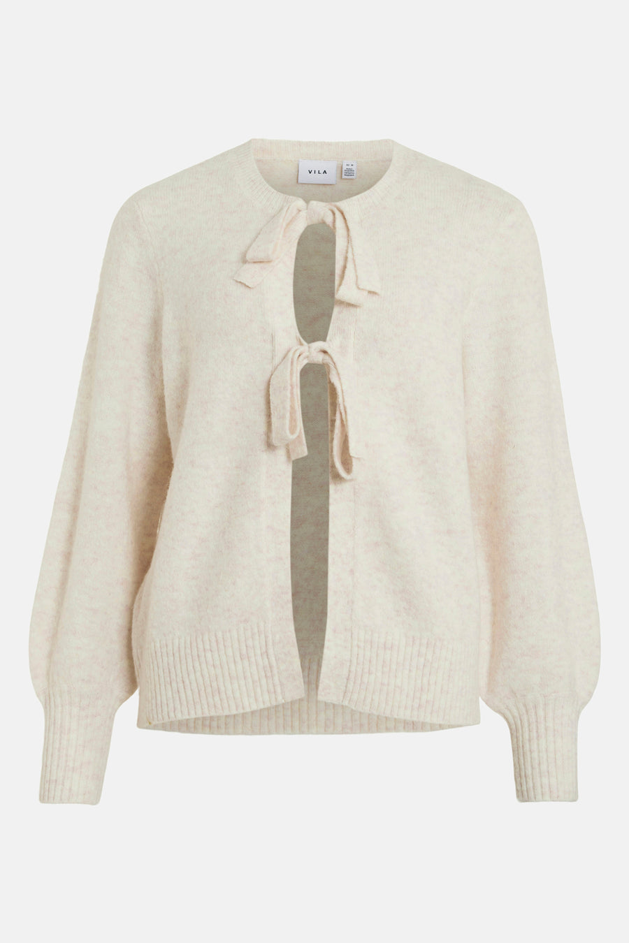 Beige gebreid vest van VILA, versierd met decoratieve strikken en pofmouwen.