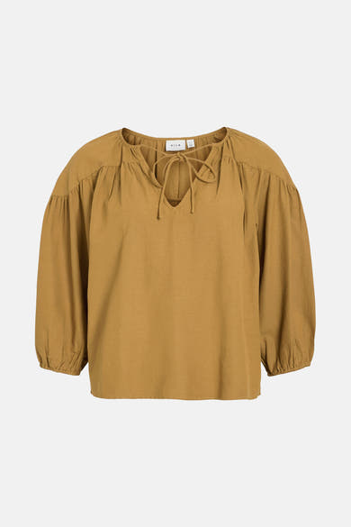 Okerkleurige blouse met 3/4 mouwen van VILA, met V-hals en strikdetails.