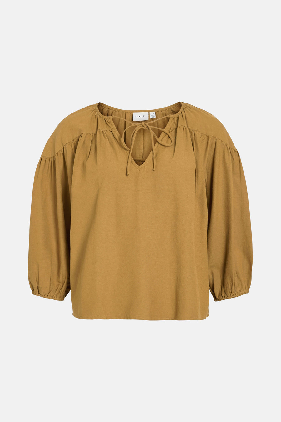 Okerkleurige blouse met 3/4 mouwen van VILA, met V-hals en strikdetails.
