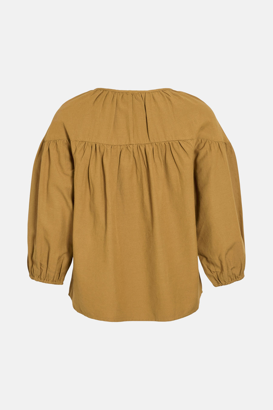 Okerkleurige blouse met driekwartmouwen van Vila, met plooien aan de achterkant.