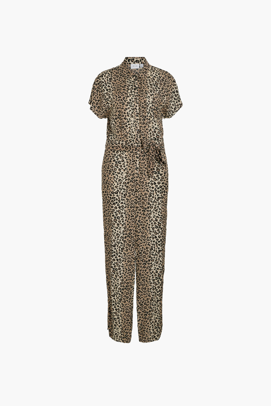 Bruin luipaardprint jumpsuit van VILA, met strikceintuur en korte mouwen.