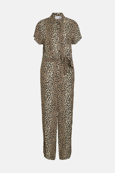 Bruin luipaardprint jumpsuit van VILA, met een strikceintuur in de taille en een rechte pasvorm.