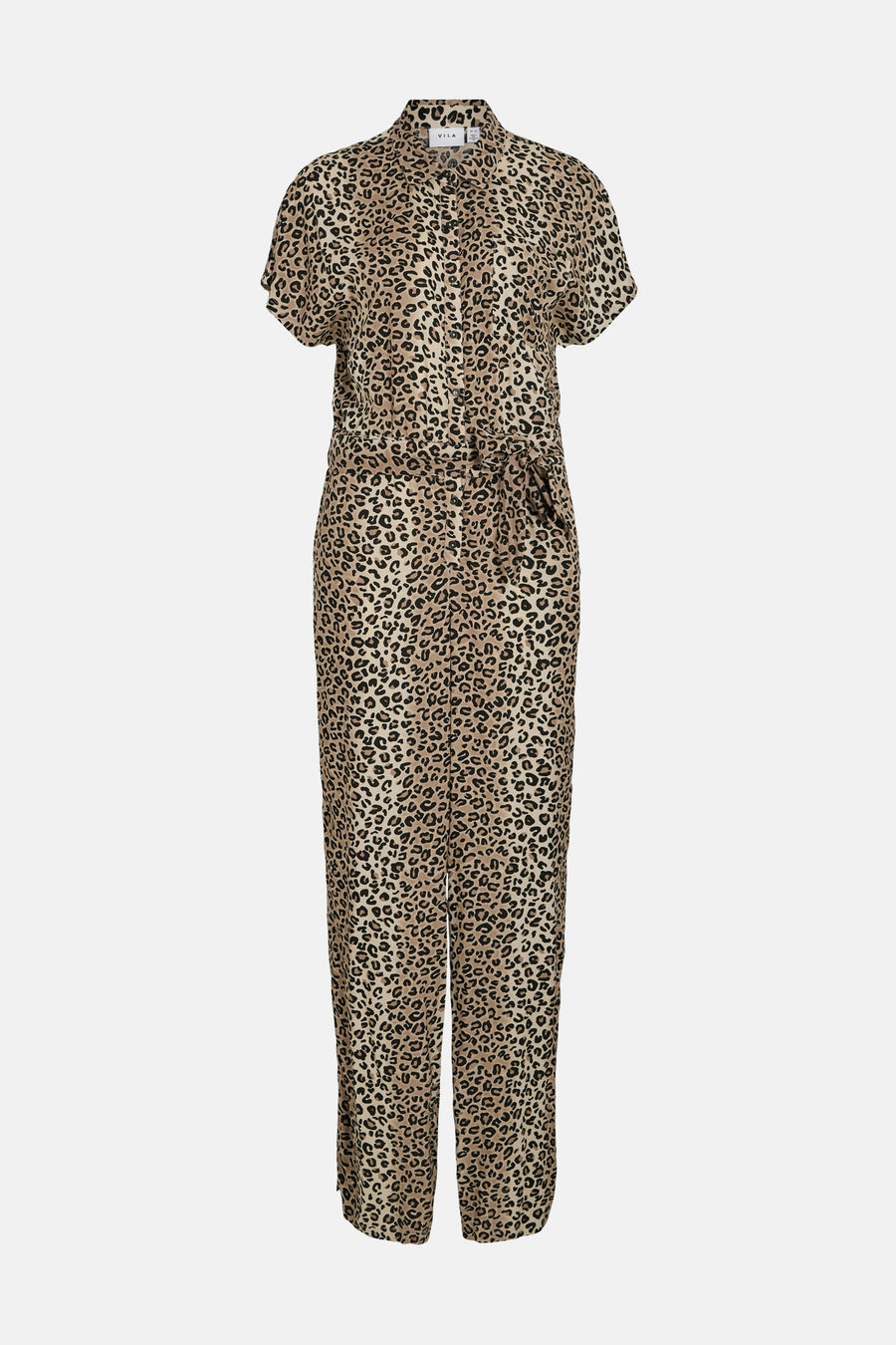 Bruin luipaardprint jumpsuit van VILA, met een strikceintuur in de taille en een rechte pasvorm.