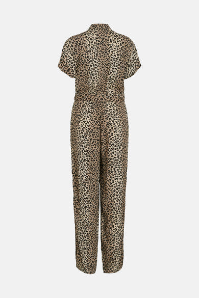 Bruin luipaardprint jumpsuit van VILA, van achteren gezien, met korte mouwen en wijde pijpen.