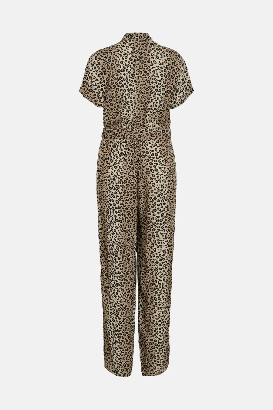 Bruin luipaardprint jumpsuit van VILA, van achteren gezien, met korte mouwen en wijde pijpen.