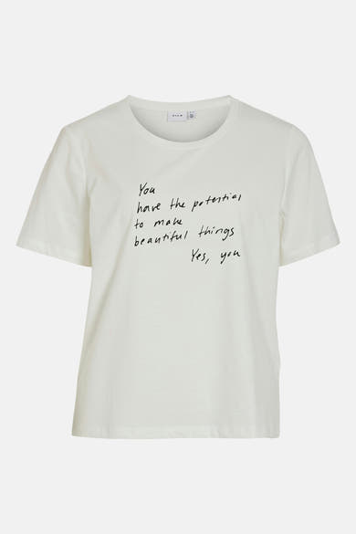 Wit T-shirt met korte mouwen van VILA, versierd met een zwarte, handgeschreven inspirerende quote op de voorkant.