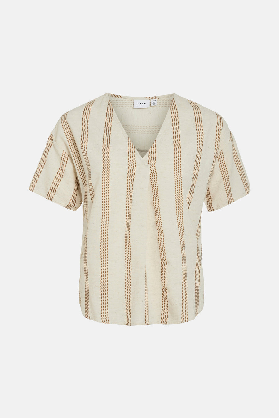 T-shirt beige à manches courtes de Vila, rayé verticalement marron clair.