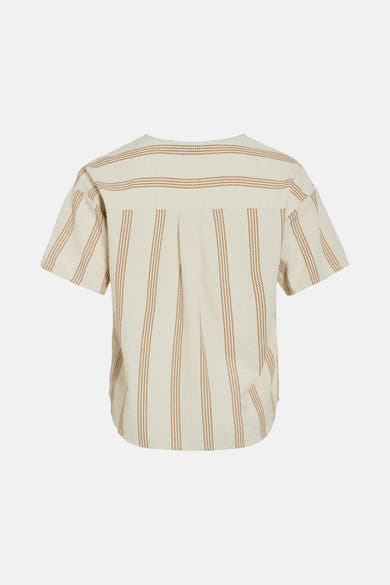 T-shirt à manches courtes beige de VILA®, rayures marron verticales et horizontales, plis au dos.