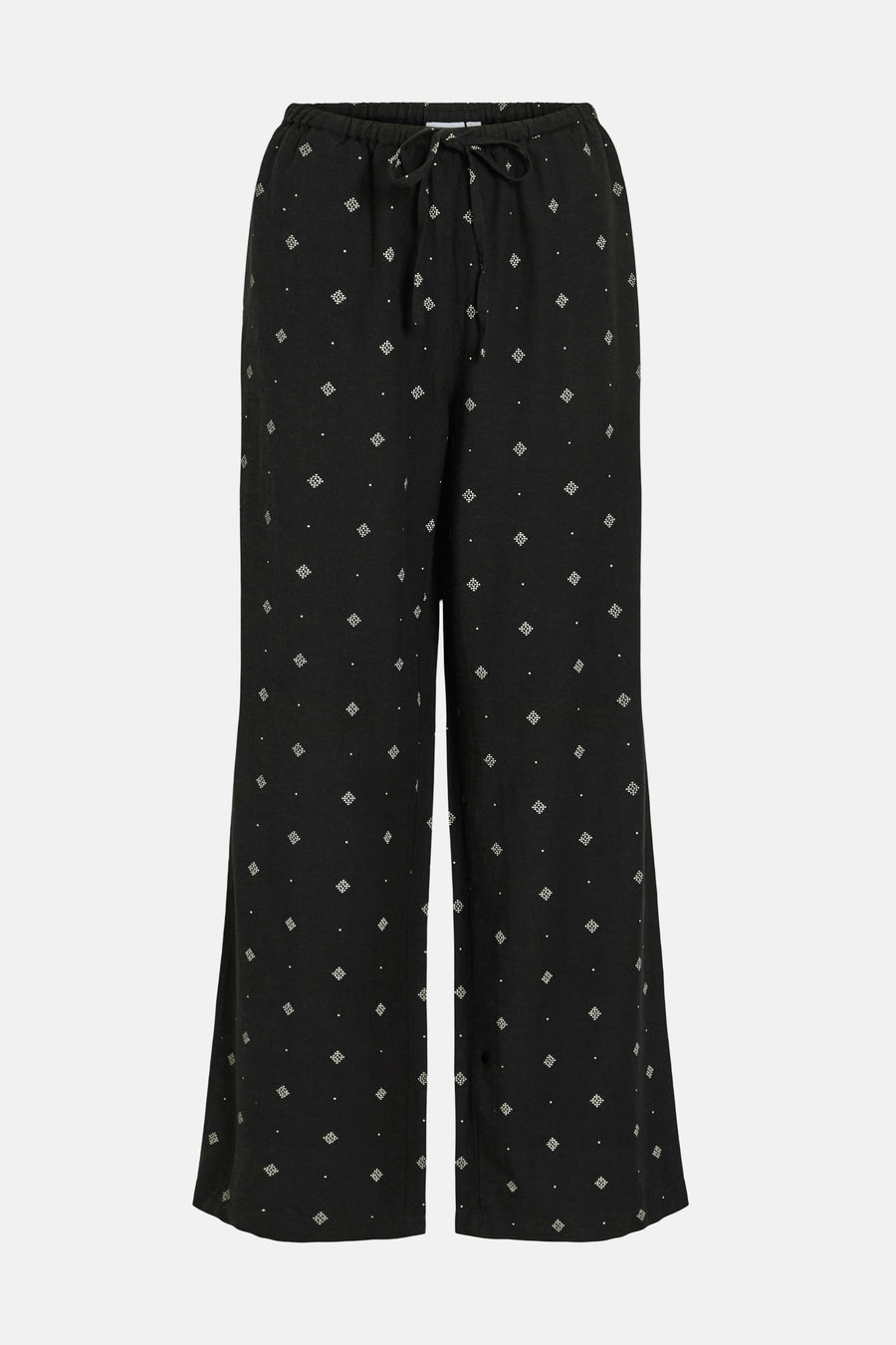 Gekleurde zwarte broek van VILA®, met witte decoratieve geometrische patronen en trekkoord in de taille.