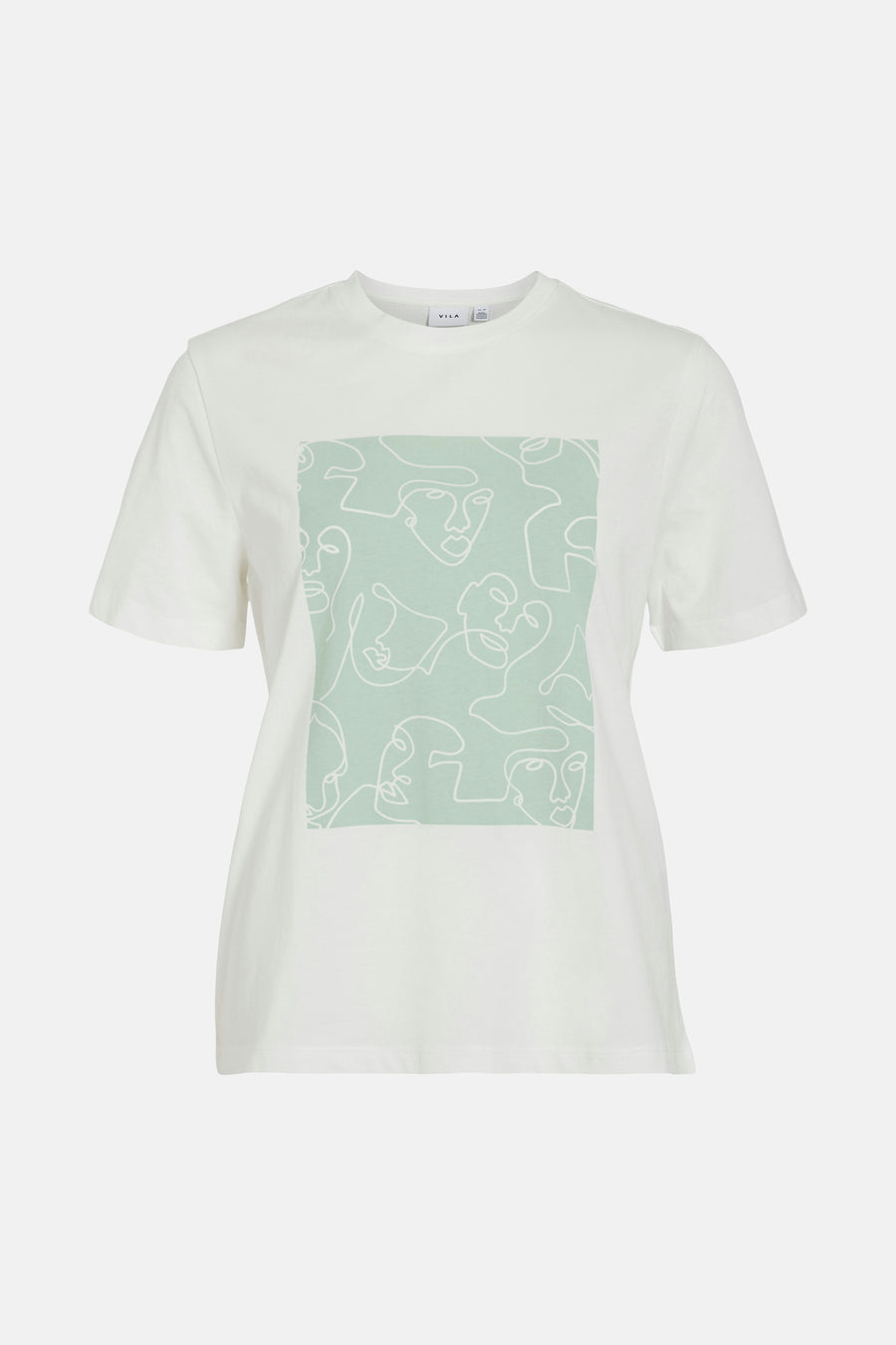 T-shirt blanc à manches courtes de Vila avec motif de visages abstraits.
