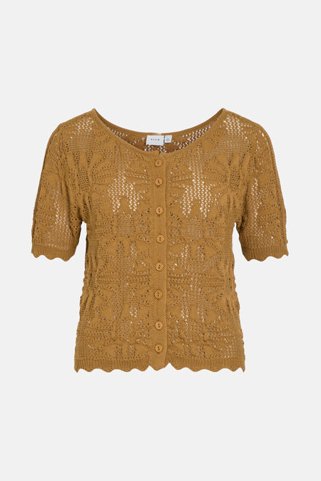 Okergebreid vest met ajourpatroon van VILA, met knoopsluiting en geschulpte afwerkingen.