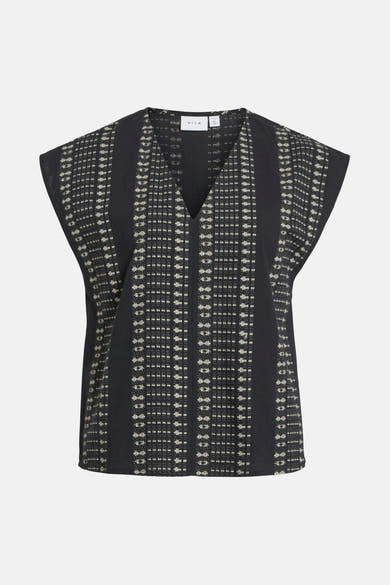 Zwarte blouse met korte mouwen van VILA, all-over geometrische print en V-hals.