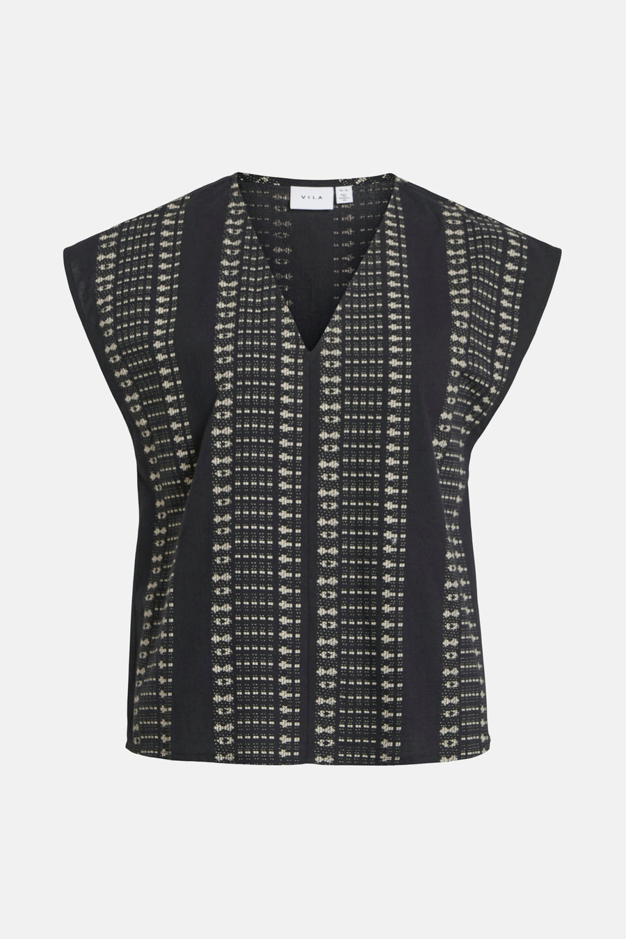 Zwarte blouse met korte mouwen van VILA, all-over geometrische print en V-hals.