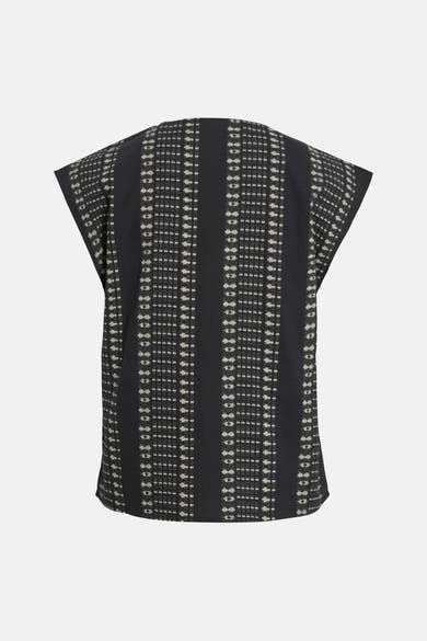 Zwart T-shirt met korte mouwen van VILA®, met verticale strepen en beige geometrisch patroon.