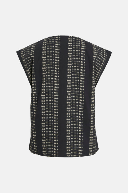 Zwart T-shirt met korte mouwen van VILA®, met verticale strepen en beige geometrisch patroon.
