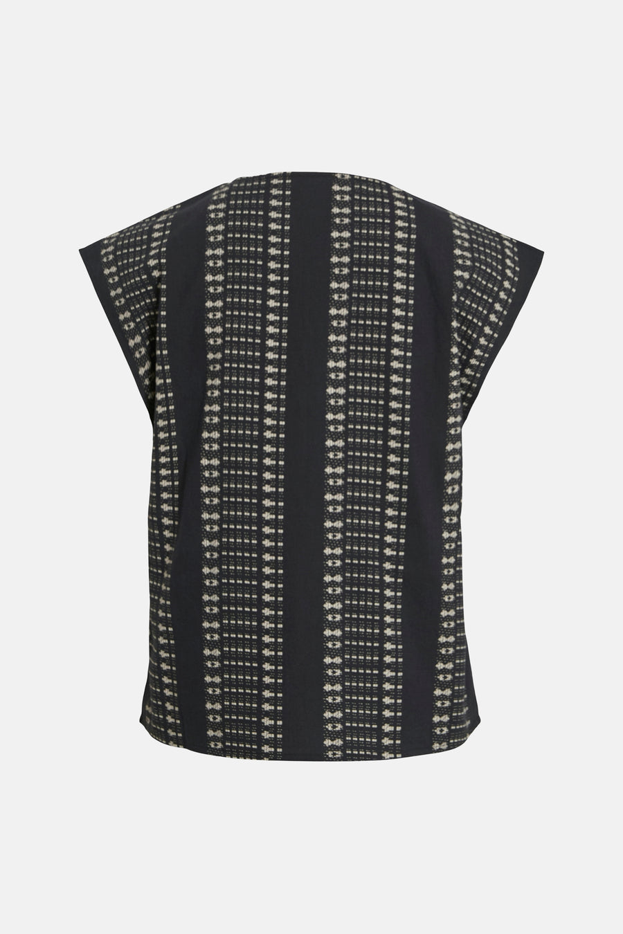 Zwart T-shirt met korte mouwen van VILA®, met verticale strepen en beige geometrisch patroon.