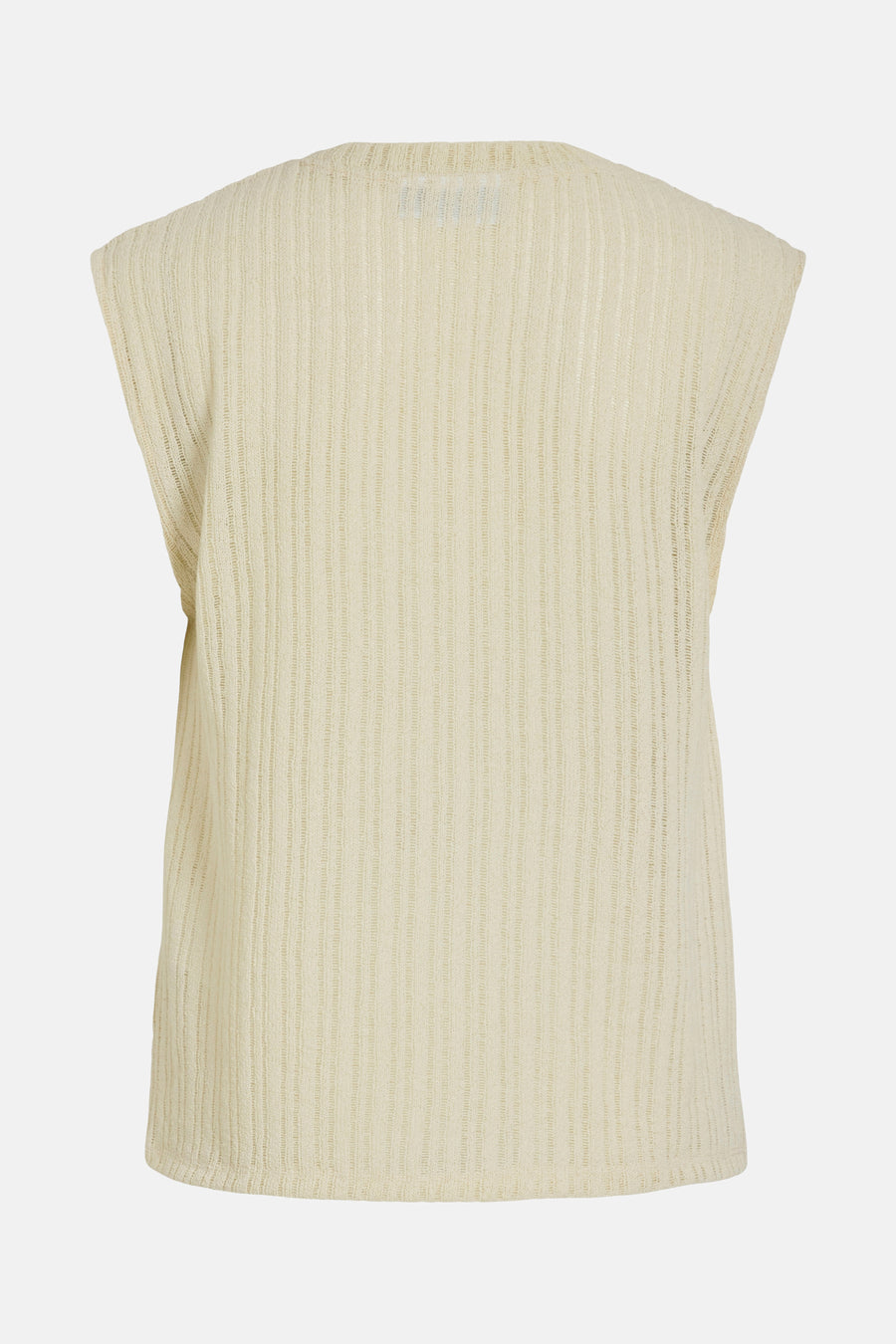 Beige geribd T-shirt van VILA®, mouwloos en met een wijde hals, gepresenteerd op een effen achtergrond.