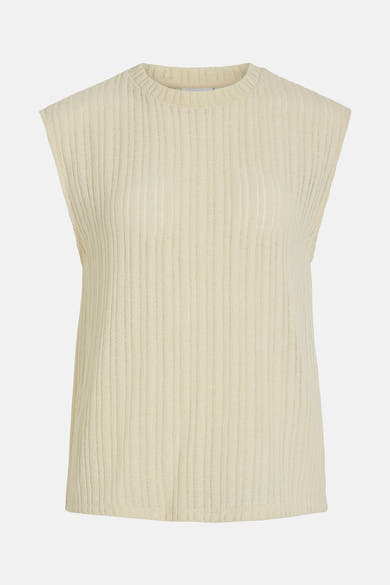 Beige geribd T-shirt zonder mouwen en rechte pasvorm van VILA op een neutrale achtergrond.