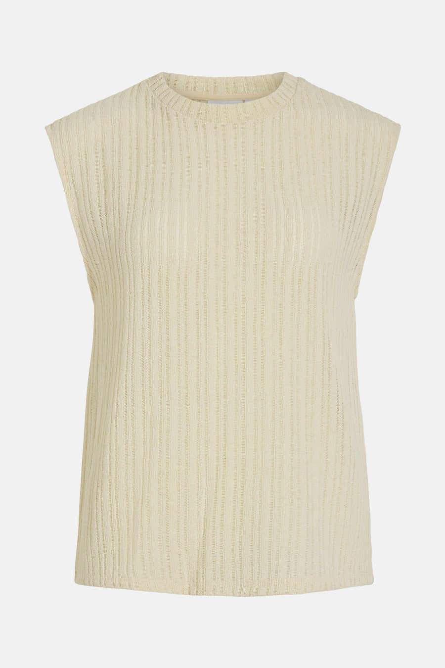 Beige geribd T-shirt zonder mouwen en rechte pasvorm van VILA op een neutrale achtergrond.