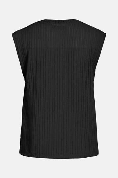 Zwart T-shirt van VILA®, in getextureerd ribgebreid, mouwloos, op een effen achtergrond.