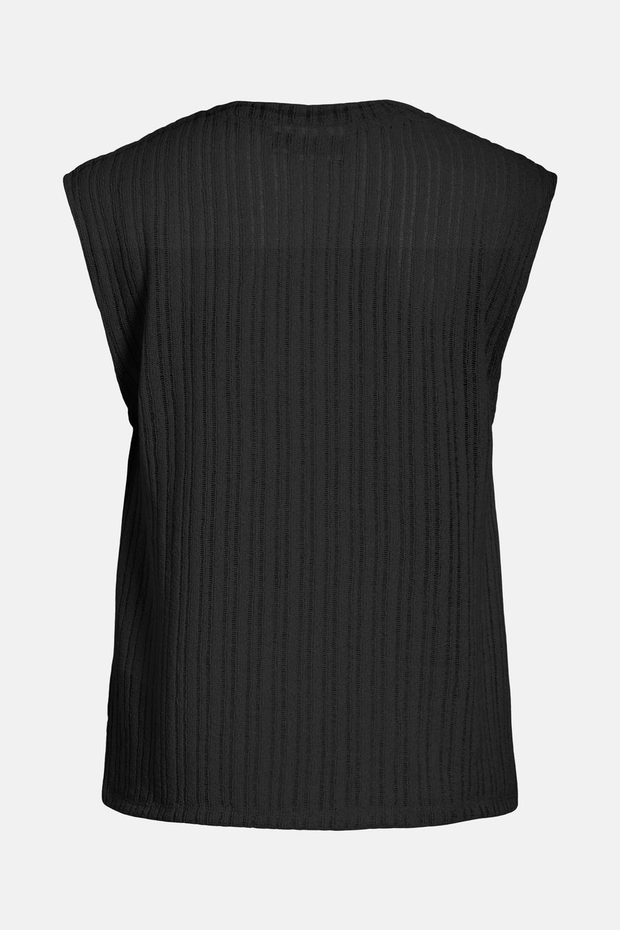 Zwart T-shirt van VILA®, in getextureerd ribgebreid, mouwloos, op een effen achtergrond.