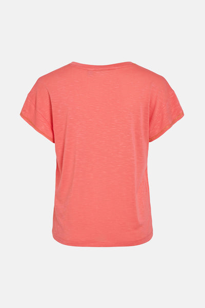 T-shirt corail met korte mouwen van VILA, met een geborduurde look en gerolde randen aan de mouwen.