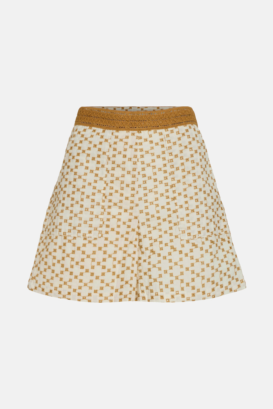 Korte meerkleurige short van VILA, met geometrisch patroon en taille versierd met ajourkanten.