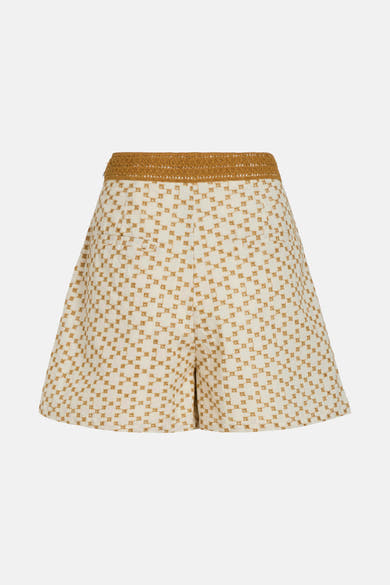 Short multicolore de VILA, à motif géométrique et taille ornée de dentelle ajourée.
