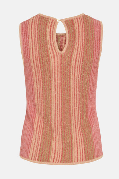 Top sans manches multicolore de VILA®, rayures verticales roses et dorées, ouverture goutte d'eau au dos avec bouton.
