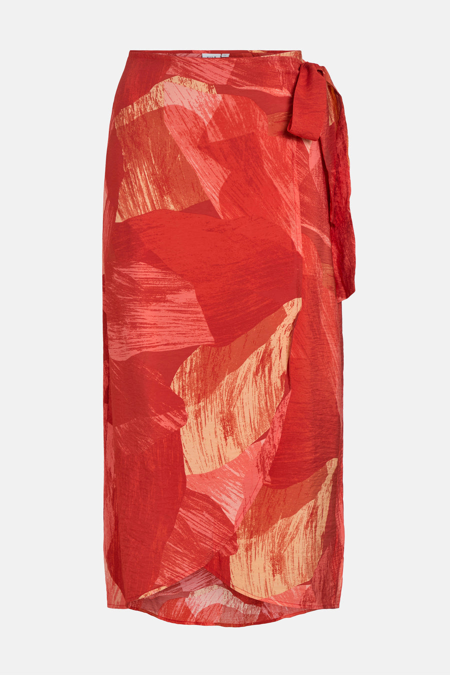 Rode rok met abstract patroon van VILA®, wikkelmodel met strikceintuur aan de zijkant.