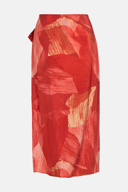 Rode 3/4-rok van VILA® met een abstract patroon en een wikkelmodel met strik aan de zijkant.