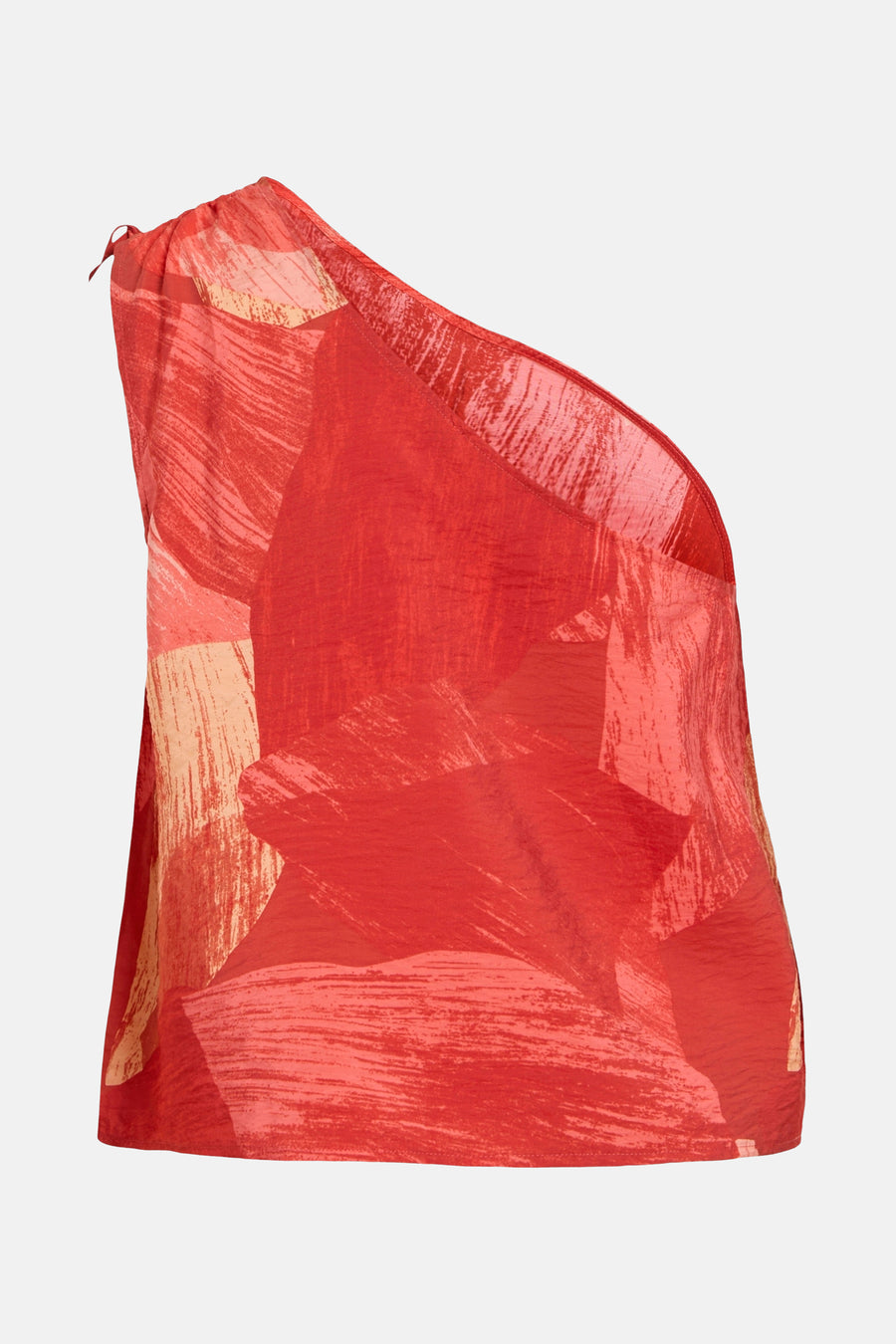 T-shirt rouge asymétrique de VILA® avec motif abstrait texturé et attache à l'épaule.

