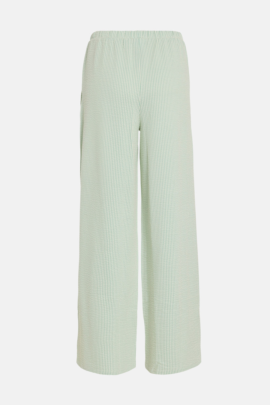 Groene gestreepte broek van VILA, met wafeltextuur en een losse pasvorm op een witte achtergrond.