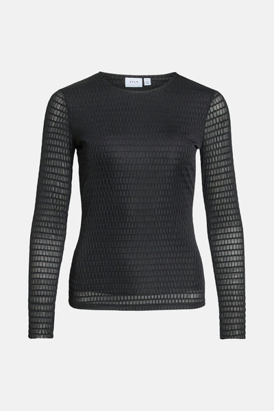 T-shirt noir à manches longues de VILA, avec une texture à carreaux subtile.