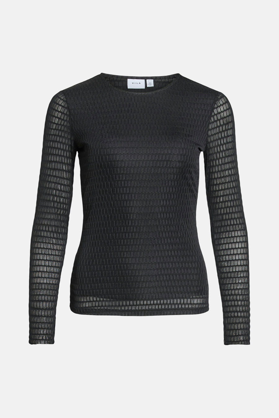 Zwart T-shirt met lange mouwen van VILA, met een subtiele geruite textuur.