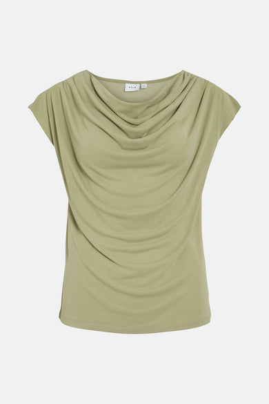 Groen T-shirt met korte mouwen van VILA, met een gedrapeerde hals en een klassieke pasvorm.